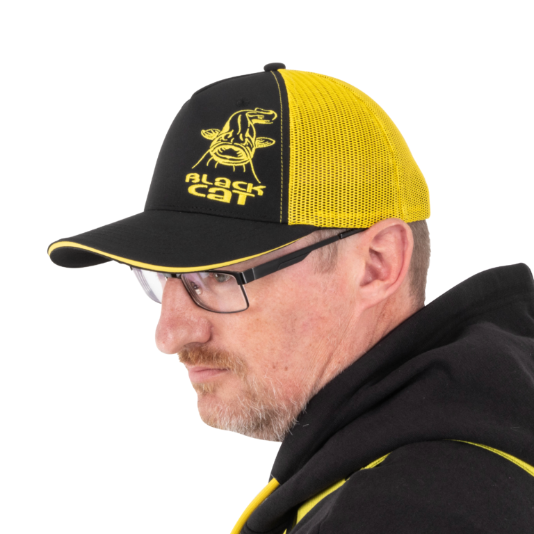black cat black and yellow trucker cap
