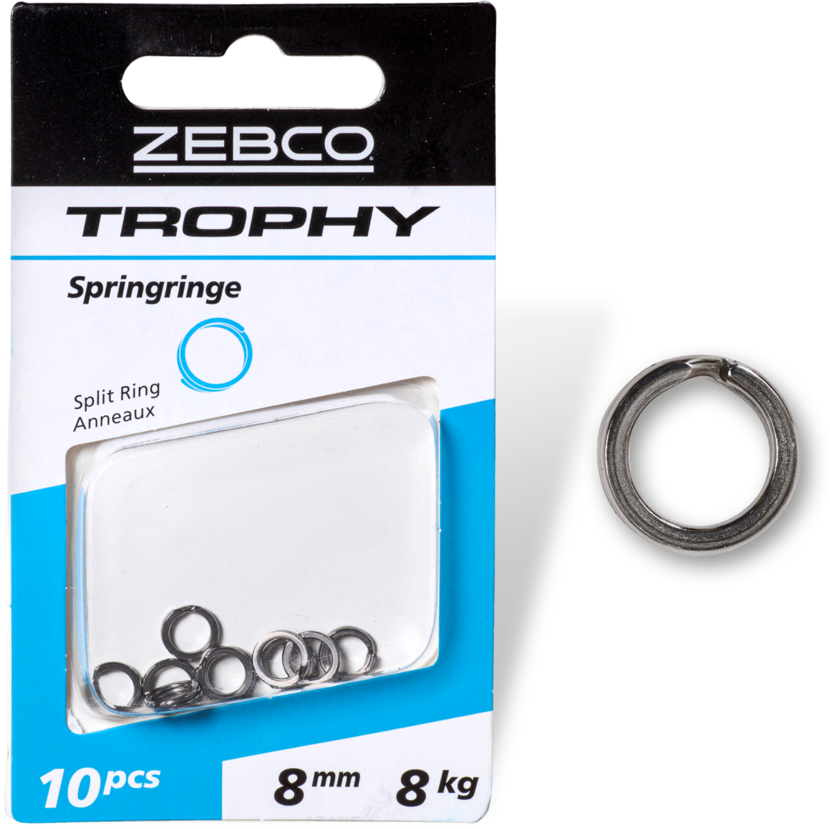 zebco l 8mm trophy split ring 8kg 10 pcs